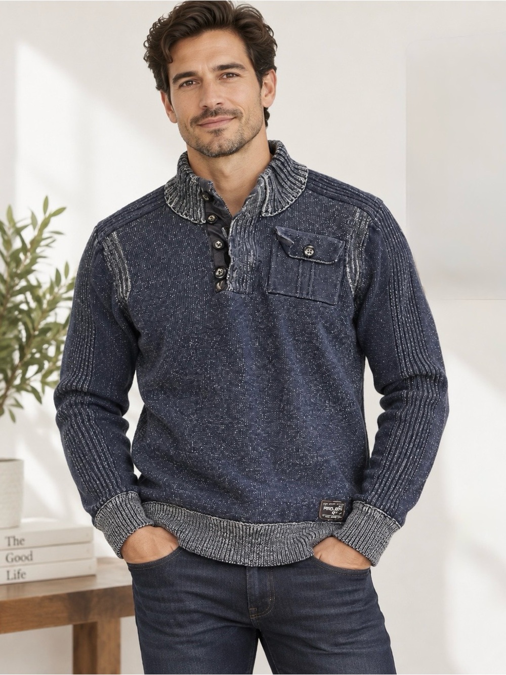 Projek Raw Men’s Large Navy Gray Distressed Knit Pullover Sweater